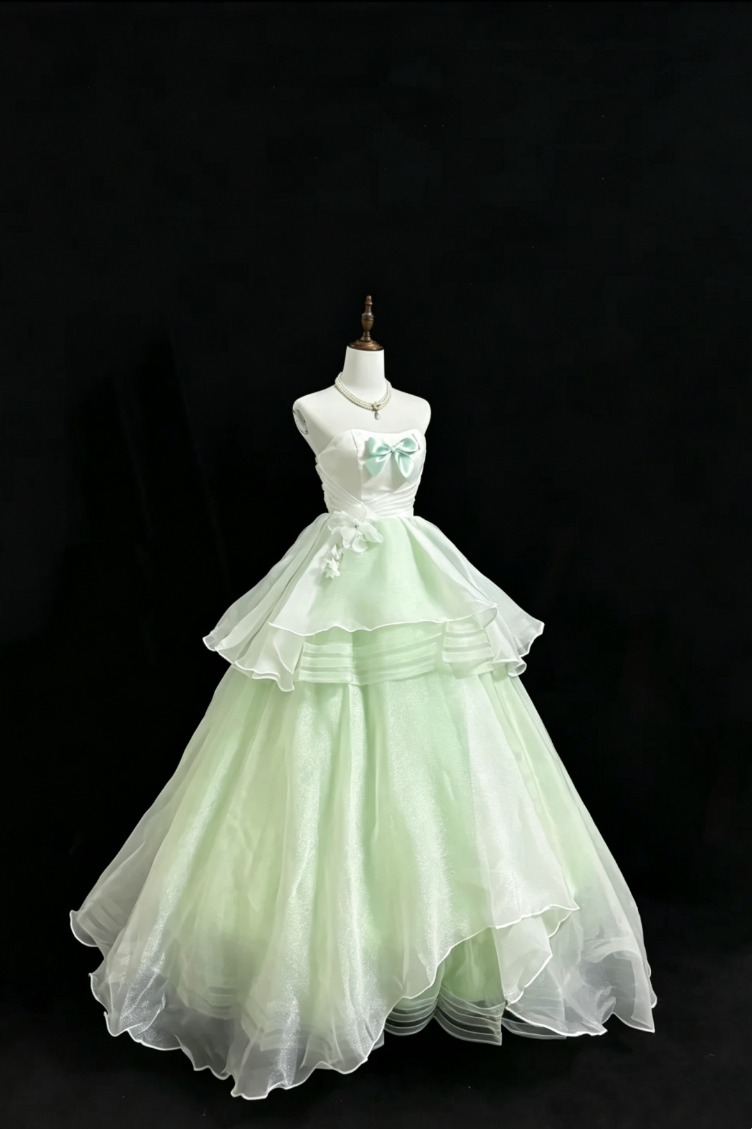 Mintgrünes trägerloses Tüllkleid mit Schleife und Blumenmuster für den Herbst, elegantes Abendkleid F0100