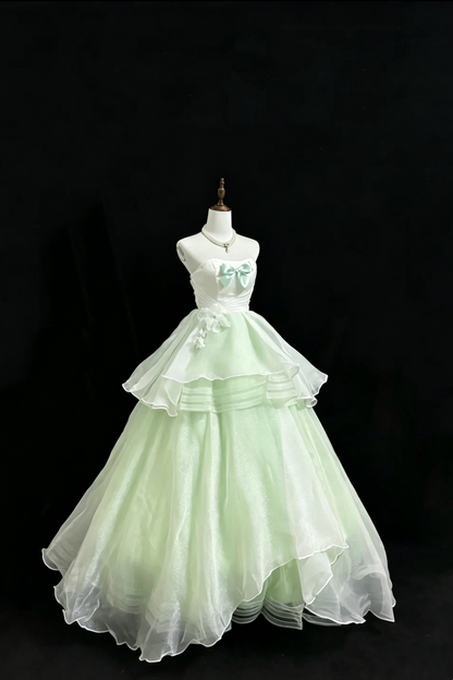 Mintgrünes trägerloses Tüllkleid mit Schleife und Blumenmuster für den Herbst, elegantes Abendkleid F0100
