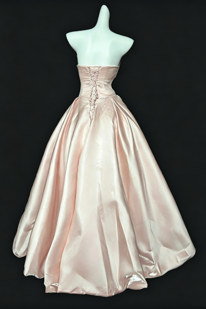 Ball Gown Blush Satin Formal Evening Dress, Adjustable Fold Neck Beaded Prom Gown  F028