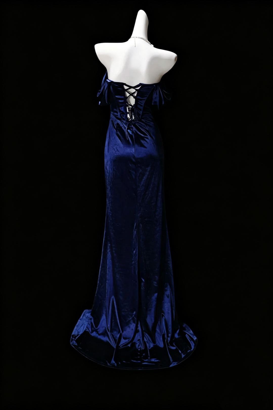 Navy Off‑Shoulder Lace Beaded Mermaid Dress Lace‑Up Back Slit Formal Prom Gown F0160