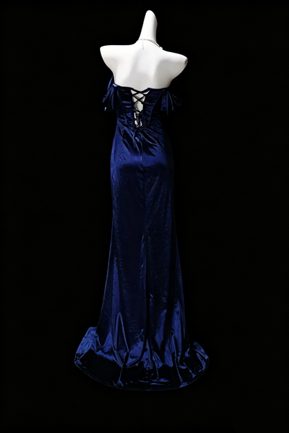Navy Off‑Shoulder Lace Beaded Mermaid Dress Lace‑Up Back Slit Formal Prom Gown F0160
