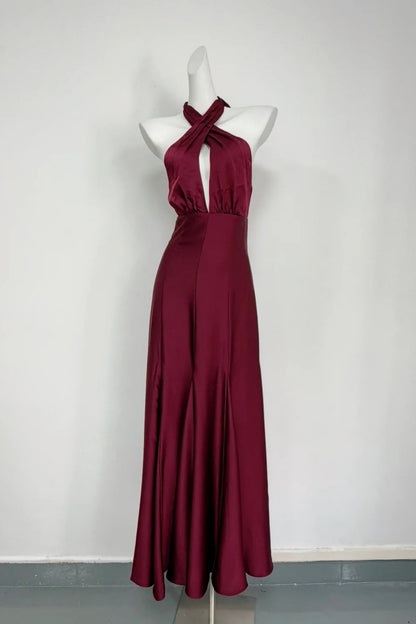 Burgundy Satin Halter Mermaid Evening Dress Keyhole Formal Gown F0182