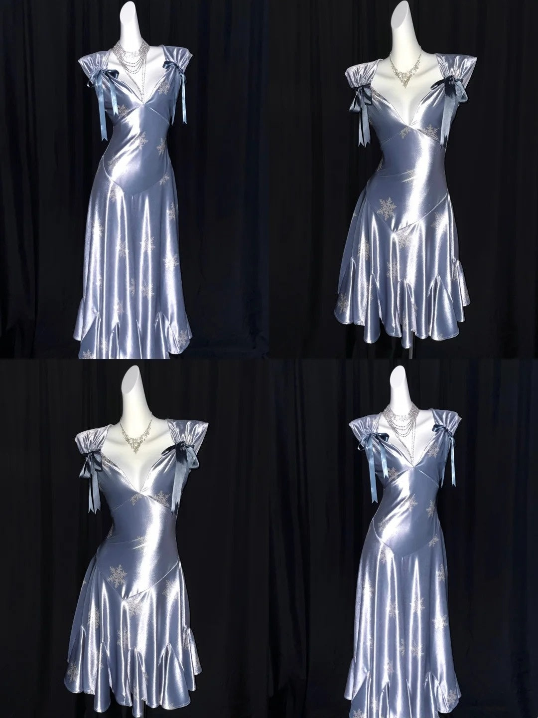 Misty Silver Blue Snowflake V-Neck Vintage Ruffle Dress F0273