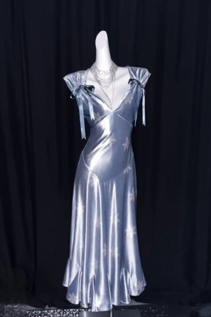 Misty Silver Blue Snowflake V-Neck Vintage Ruffle Long Dress F0274