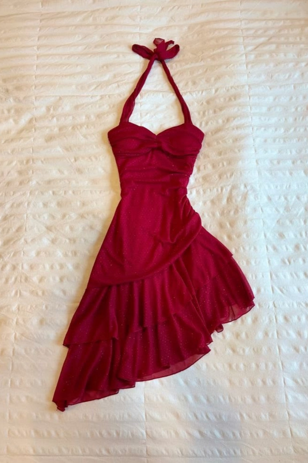 Burgundy Halter Glitter Chiffon Asymmetrical Party Dress F0217