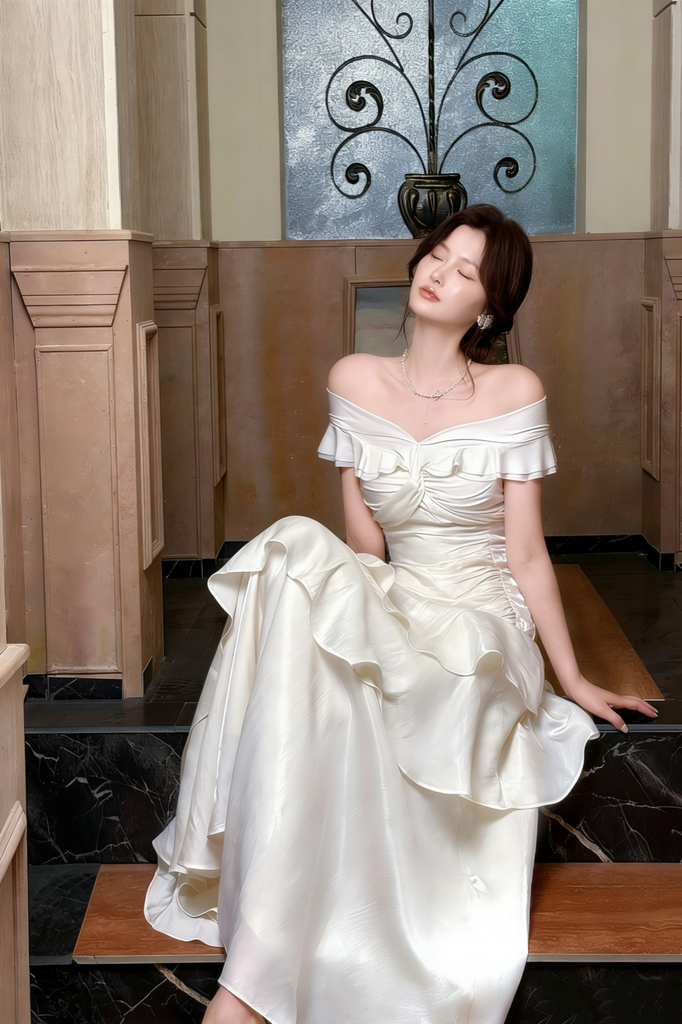 White Long Off-The-Shoulder Prom Dress With Ruffle Details  FD03