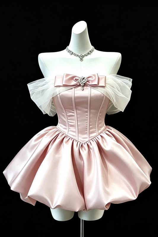 Pinkes schulterfreies, kurzes Satinkleid, Sweet 16 Kleid mit Schleife und Kristallen F009