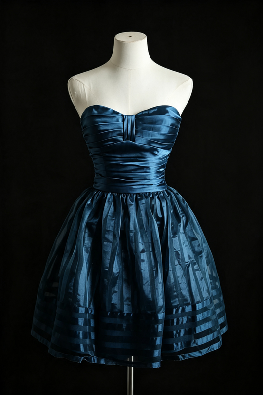 Marineblaues trägerloses Satinkleid für den Abschlussball, plissiertes kurzes Cocktailkleid F0017