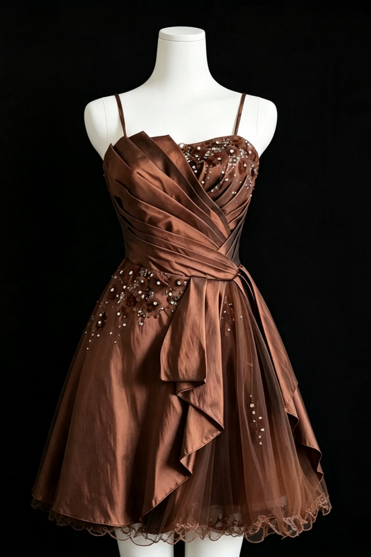 Braunes Satin-Heimkehrkleid mit Spaghettiträgern, bestickter Spitze, kurzes Cocktailkleid mit Schärpe, Schleife F0015