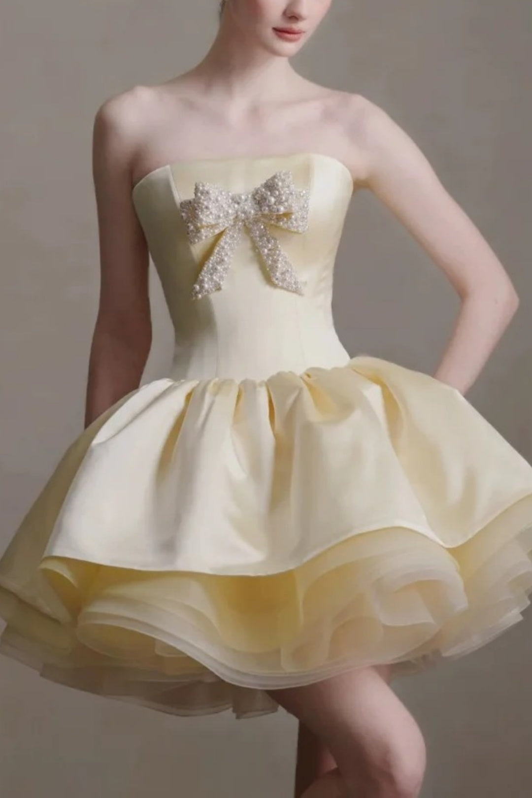 Cream Yellow Strapless Pearl Bow Mini Homecoming Dress F0276