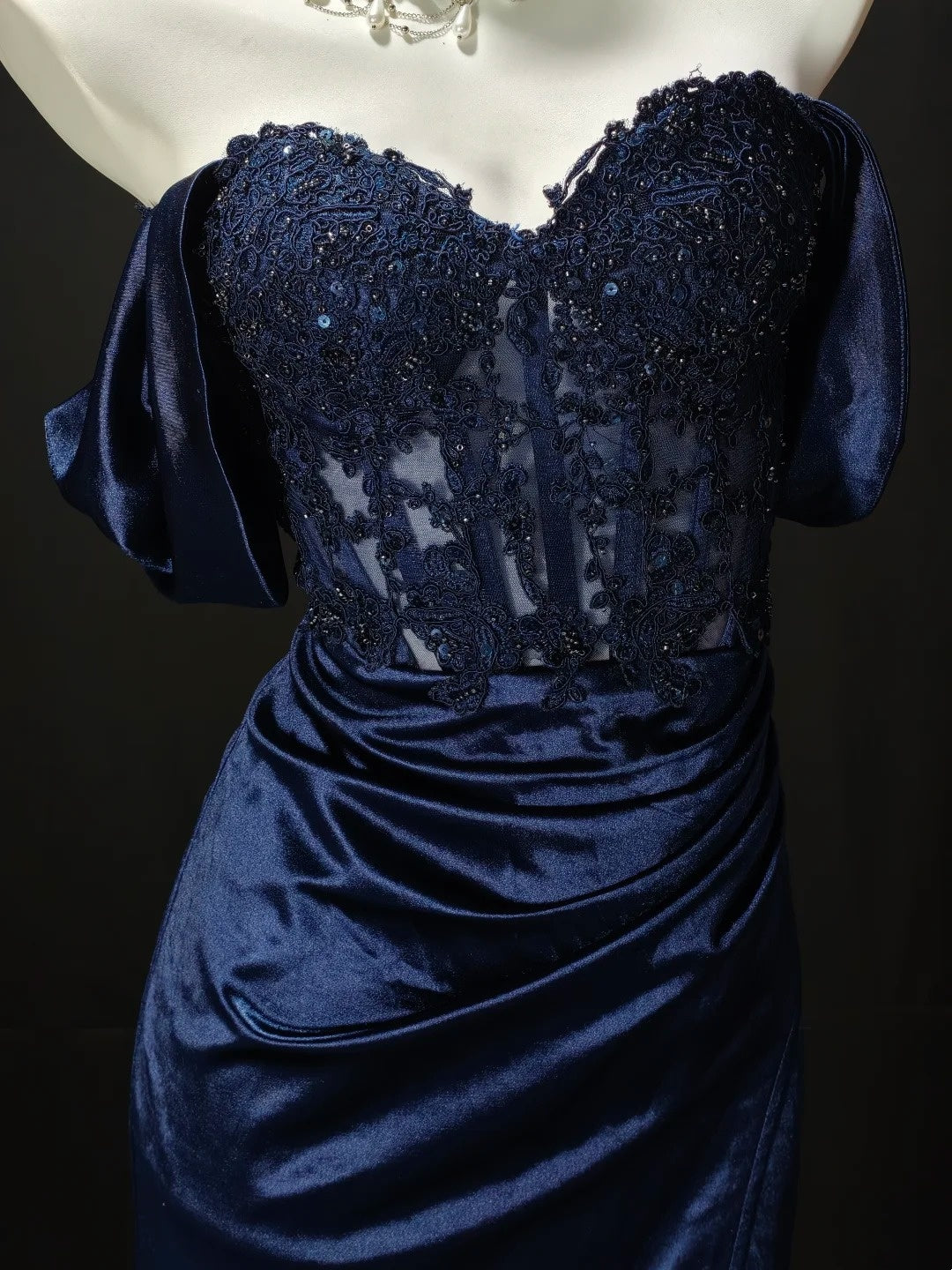 Navy Off‑Shoulder Lace Beaded Mermaid Dress Lace‑Up Back Slit Formal Prom Gown F0160