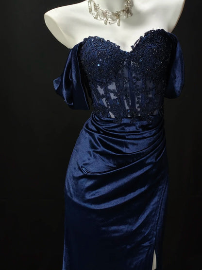 Navy Off‑Shoulder Lace Beaded Mermaid Dress Lace‑Up Back Slit Formal Prom Gown F0160