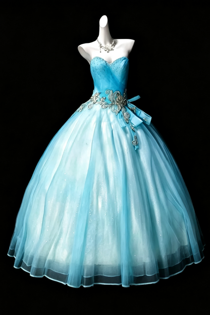 Blue Strapless Sweetheart Tulle Ball Gown Rhinestone Quinceanera Dress F0205