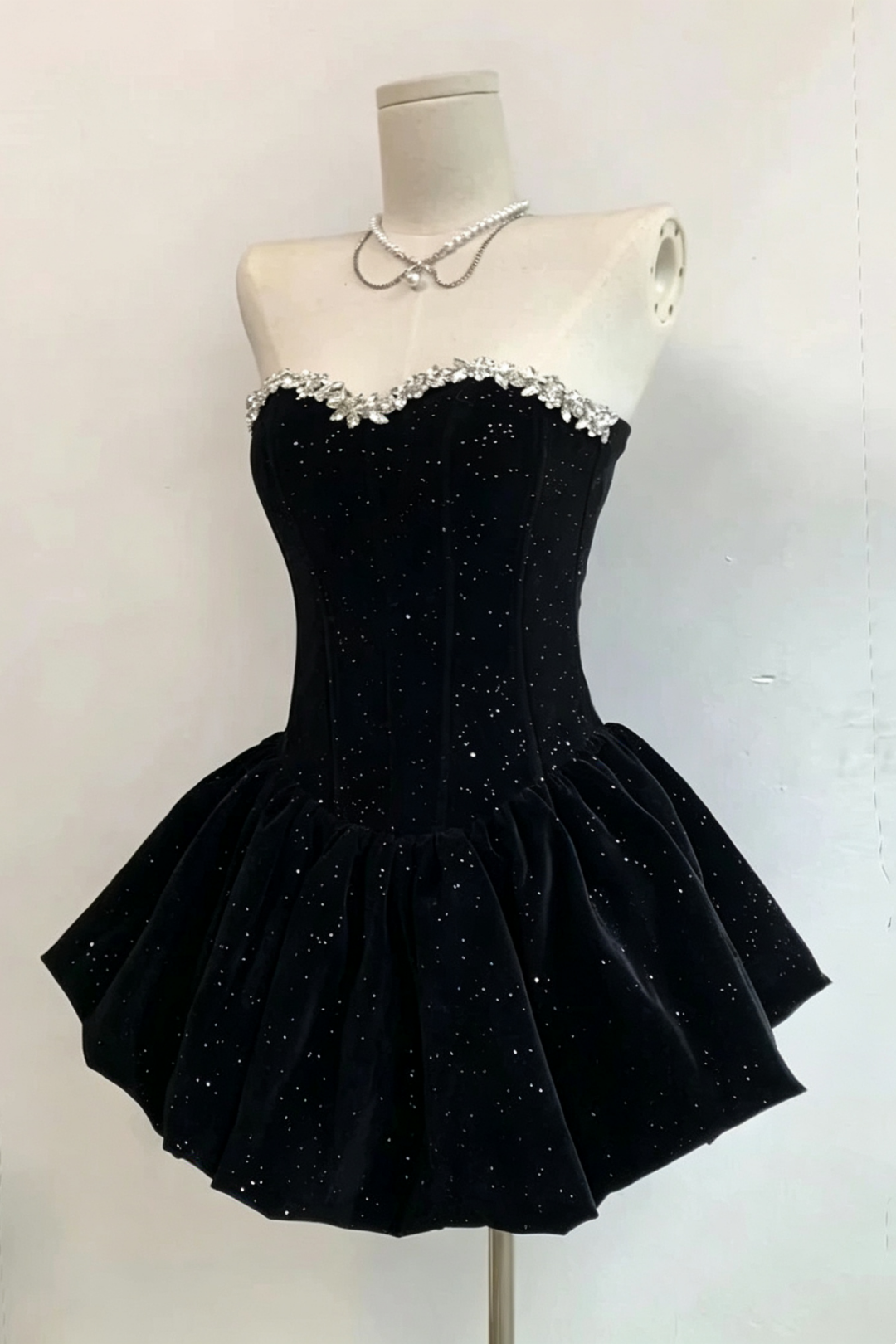 Black Strapless Sparkle Velvet Short Dress Rhinestone Homecoming Gown F0230