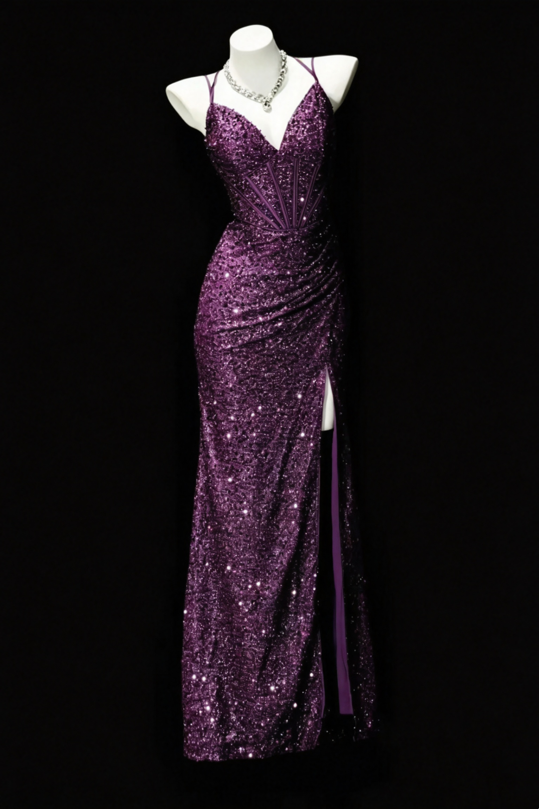 Glitzerndes Meerjungfrauen-Abendkleid mit V-Ausschnitt und Schlitz F0165