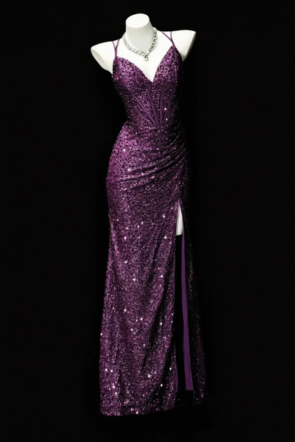 Glitzerndes Meerjungfrauen-Abendkleid mit V-Ausschnitt und Schlitz F0165