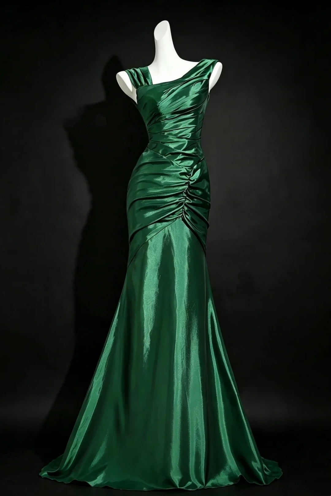 Green Asymmetrical Satin Mermaid Prom Dress Ruched Corset Back Formal Evening Dress F0164