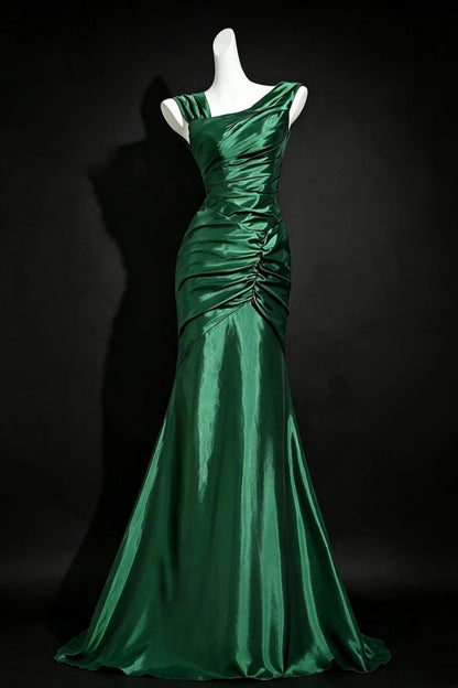 Green Asymmetrical Satin Mermaid Prom Dress Ruched Corset Back Formal Evening Dress F0164
