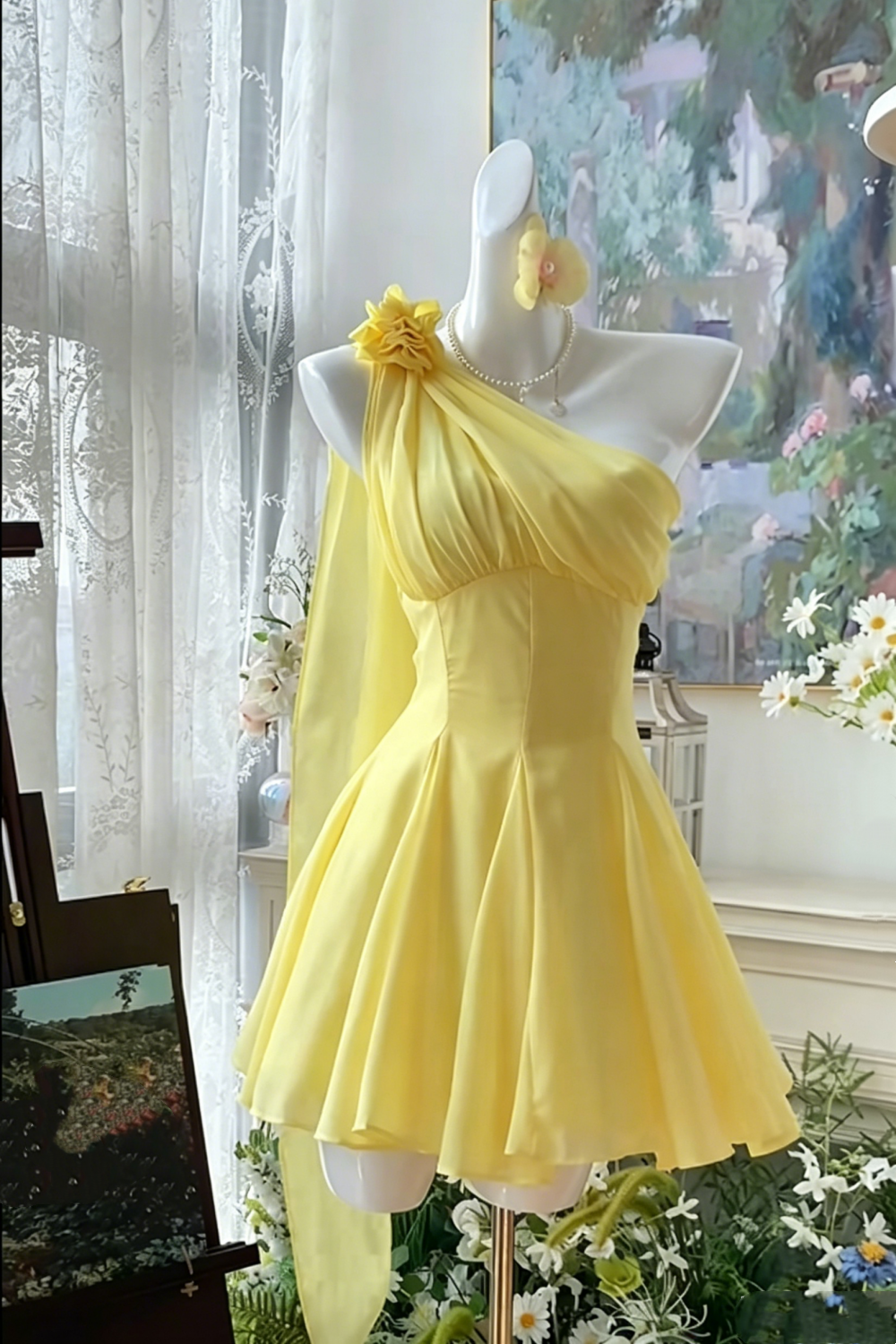 Gelbes, maßgeschneidertes, schulterfreies Homecoming-Partykleid F047