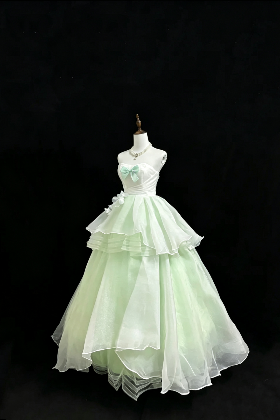 Mintgrünes trägerloses Tüllkleid mit Schleife und Blumenmuster für den Herbst, elegantes Abendkleid F0100