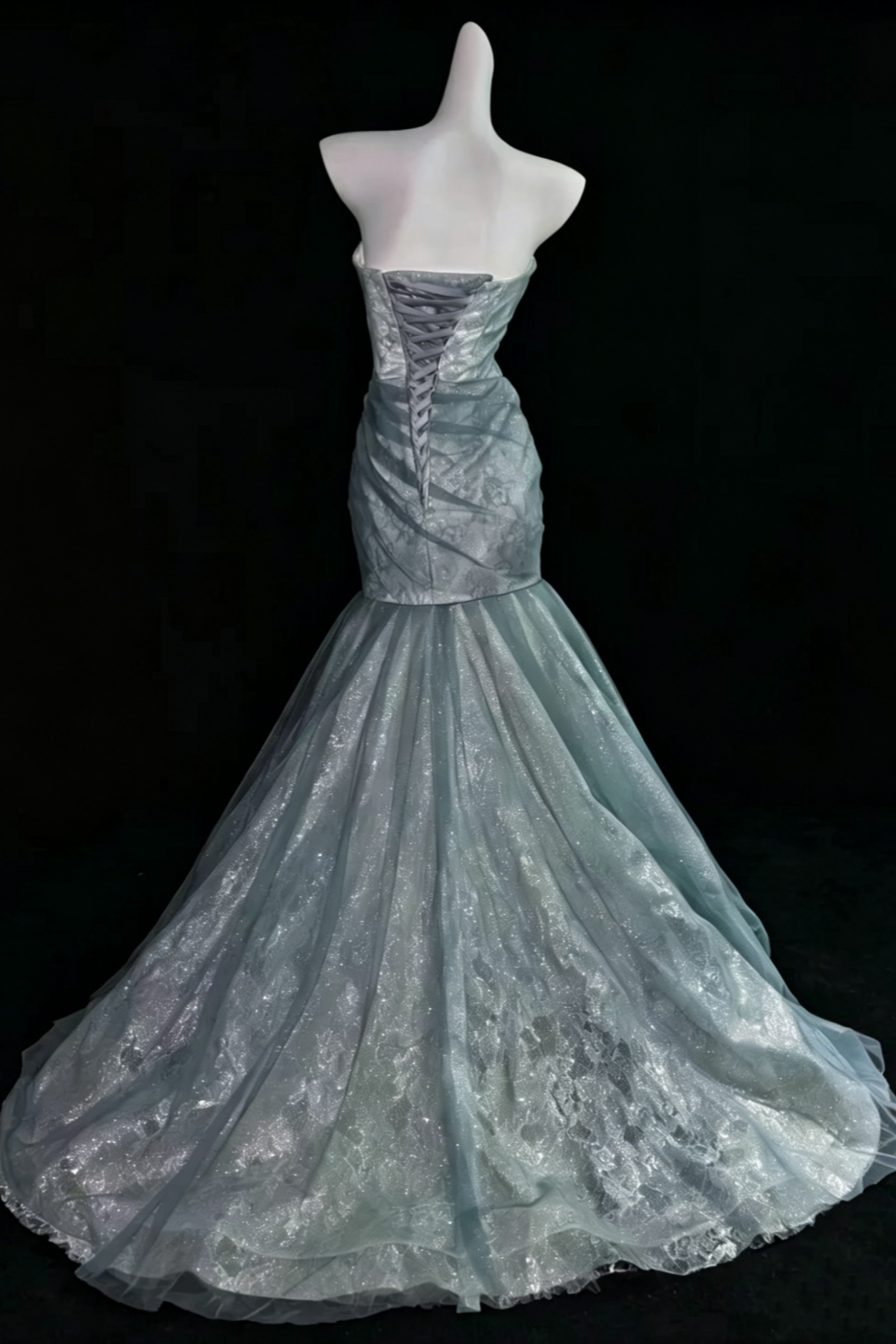 Elegantes schulterfreies, staubblaues Meerjungfrauen-Abschlusskleid Ballkleid, Glitzer-Spitzen-Korsett-Abendkleid mit Schleppe, formelles Partykleid für Damen Floral026