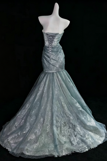 Elegantes schulterfreies, staubblaues Meerjungfrauen-Abschlusskleid Ballkleid, Glitzer-Spitzen-Korsett-Abendkleid mit Schleppe, formelles Partykleid für Damen Floral026