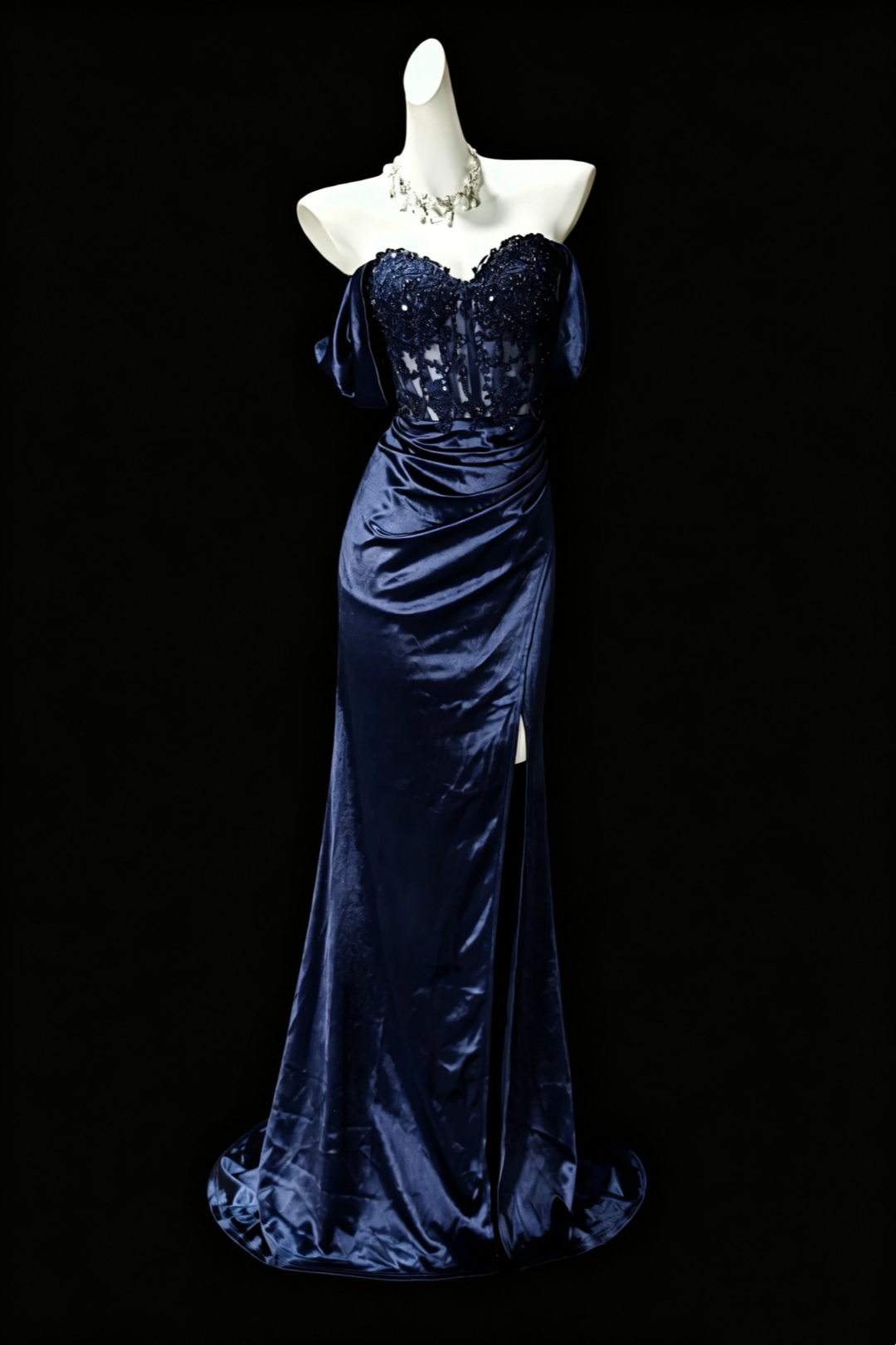 Navy Off‑Shoulder Lace Beaded Mermaid Dress Lace‑Up Back Slit Formal Prom Gown F0160