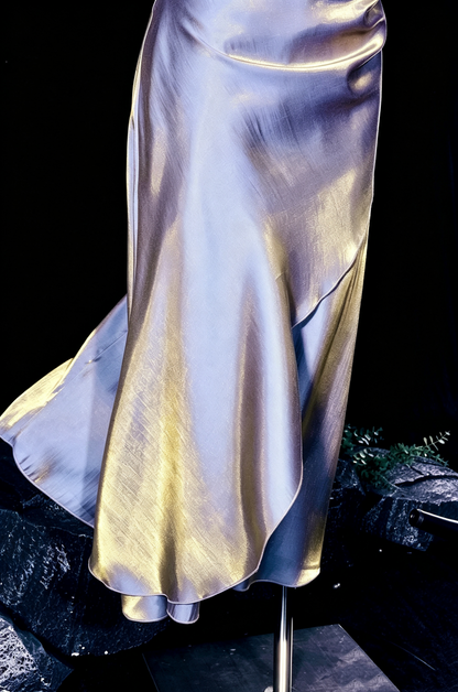 Metallic Satin Cowl Neck Midi Dress Ruched Formal Homecoming Party Gown F0120