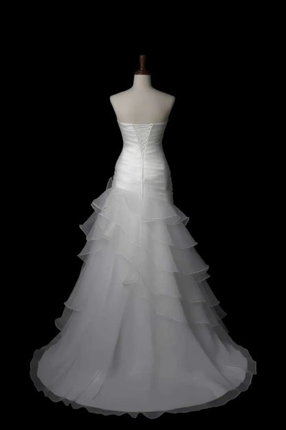 Strapless Ruched Mermaid Wedding Dress Tiered Organza Bridal Gown F0149