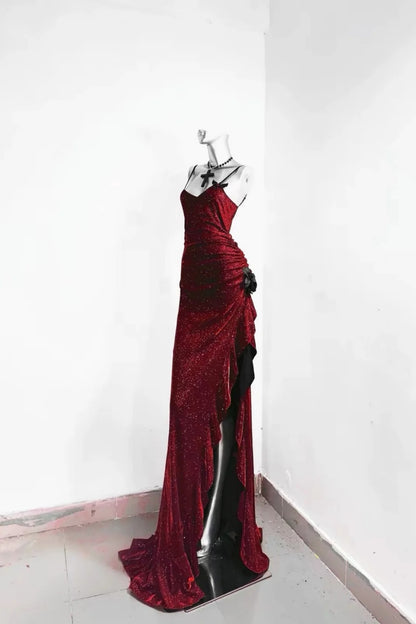 Burgundy Glitter Spaghetti Strap Mermaid Long Prom Dress F0280