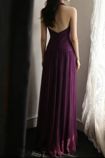 Evening Dress Dark Purple Halter V‑Neck Chiffon Long Formal Party Gown F0068