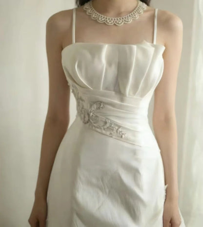 Satin Mermaid Wedding Dress Spaghetti Strap Corset Back Bridal Gown F0170
