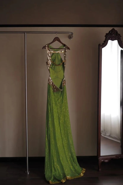 Green Halter Gold Sequin Cutout Maxi Evening Dress F0188