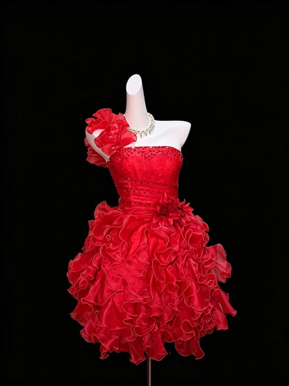 One‑Shoulder Ruffled Red Mini Dress 3D Floral Beaded Homecoming Prom Gown F0131