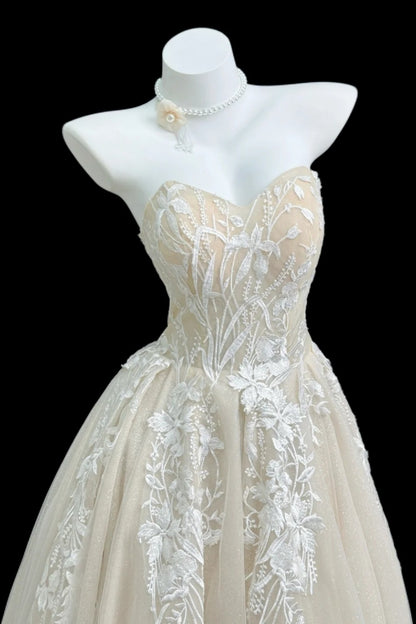 Abendkleid Champagner Spitze Trägerlos Maßgeschneiderte Abschlussball Coquette Kleid Floral046