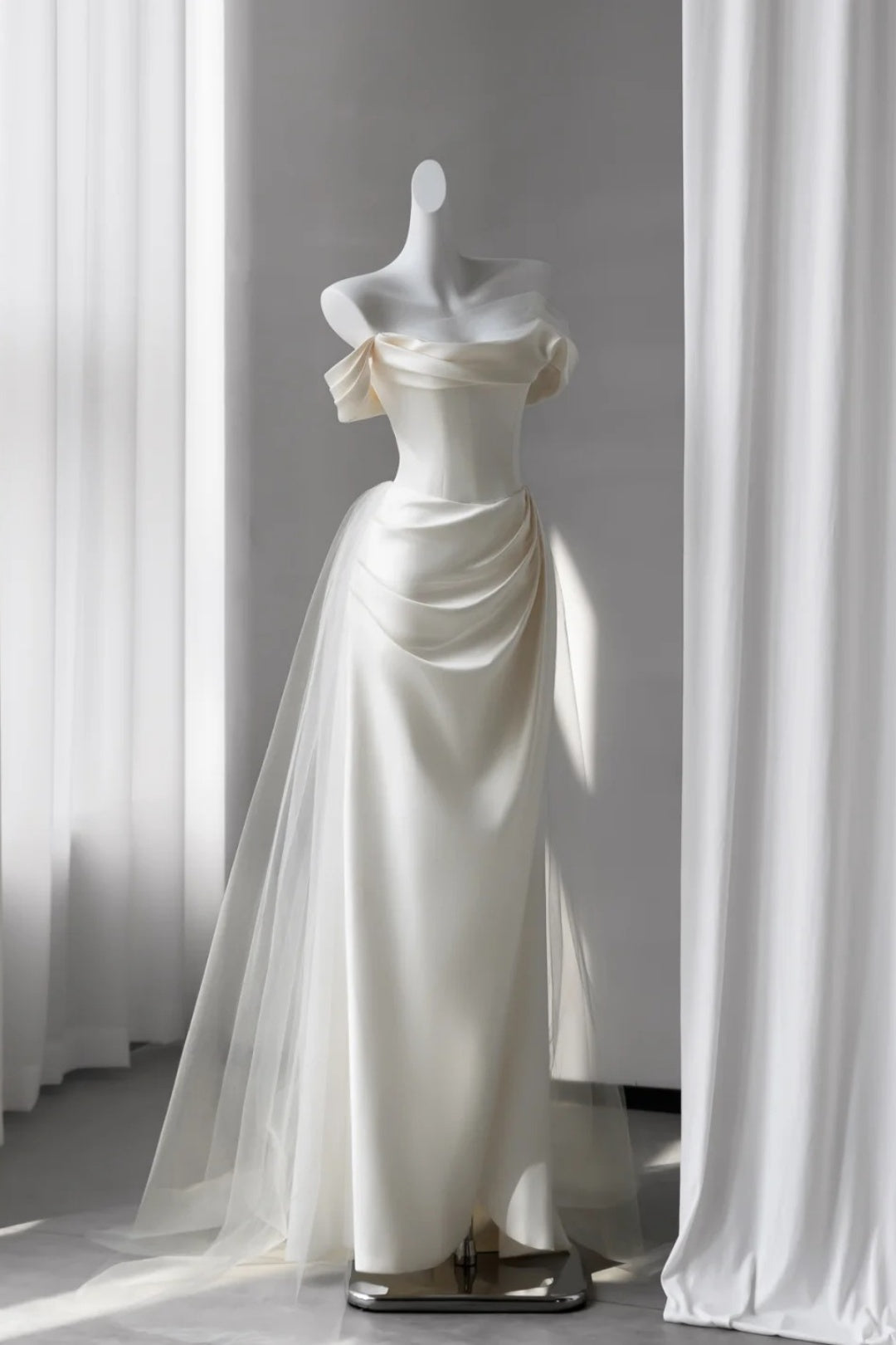 Ivory Off Shoulder Satin Wedding Dress Draped Mermaid Gown  F0247