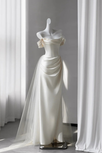 Ivory Off Shoulder Satin Wedding Dress Draped Mermaid Gown  F0247