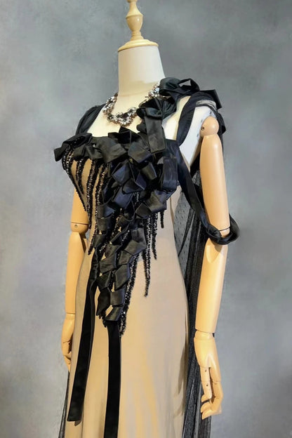 Champagne Mermaid Evening Dress Black Ribbon Beaded Cape Gown F0198