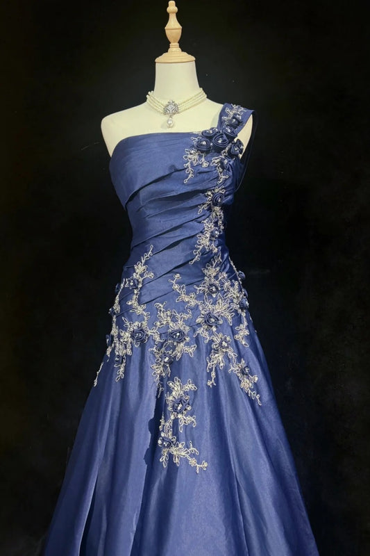 Navy One Shoulder 3D Floral Appliqué A-Line Formal Evening Dress F0196