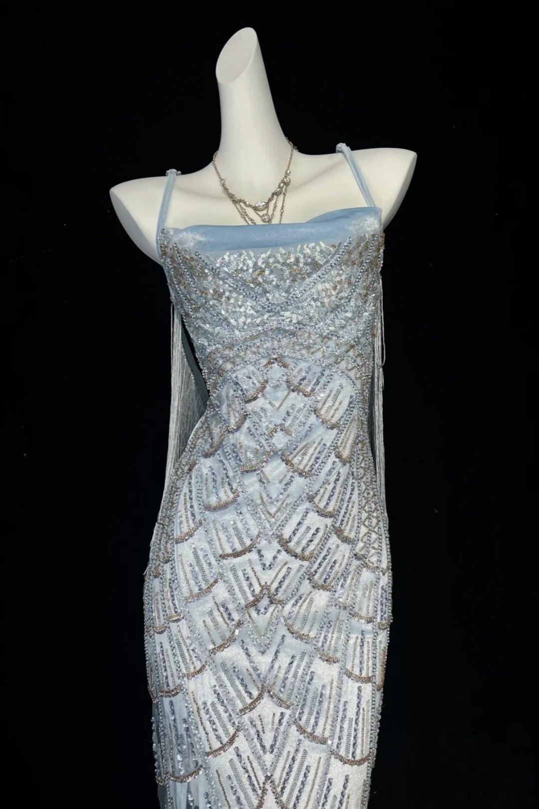 Beaded Fringe Midi Dress Spaghetti Strap Formal Gown F0202
