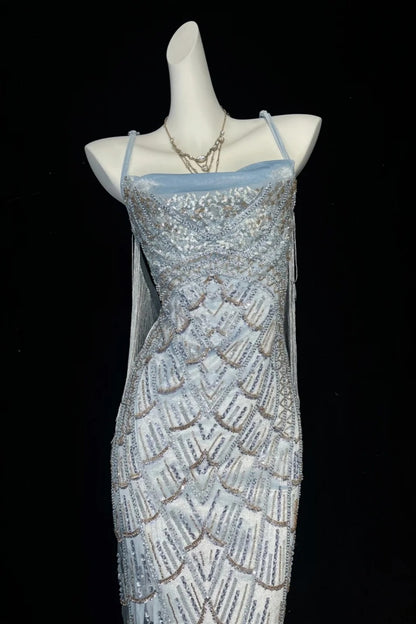 Beaded Fringe Midi Dress Spaghetti Strap Formal Gown F0202