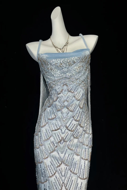 Beaded Fringe Midi Dress Spaghetti Strap Formal Gown F0202