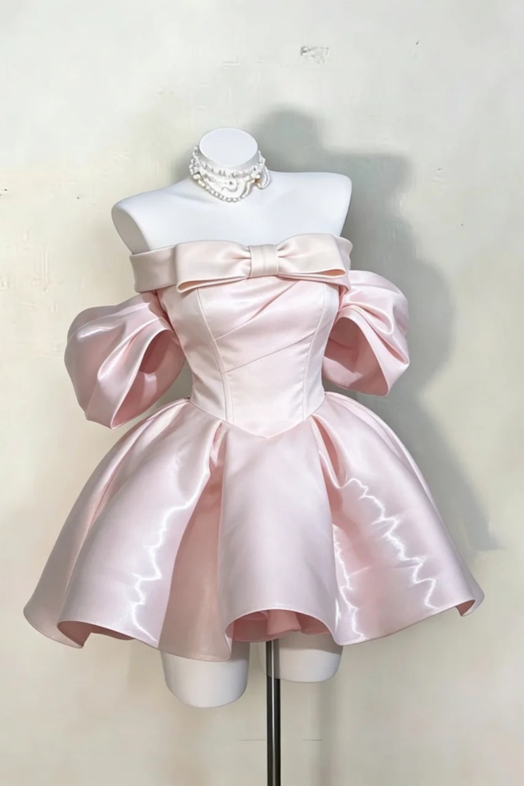 Pink Off Shoulder Satin Short Dress Big Bow Homecoming Gown F0231