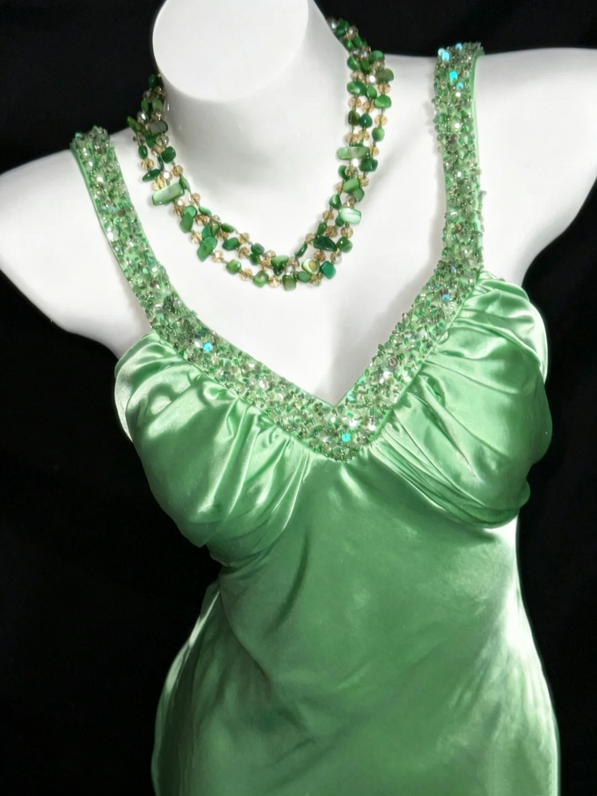 Spring Green Beaded Strap Mermaid Prom Dress Deep V‑Back Satin Evening Gown F0161
