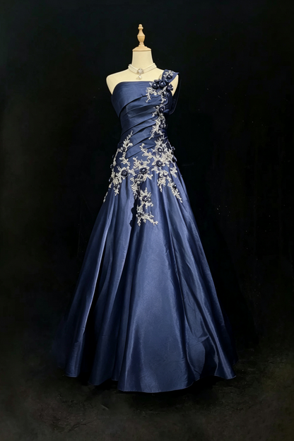 Navy One Shoulder 3D Floral Appliqué A-Line Formal Evening Dress F0196