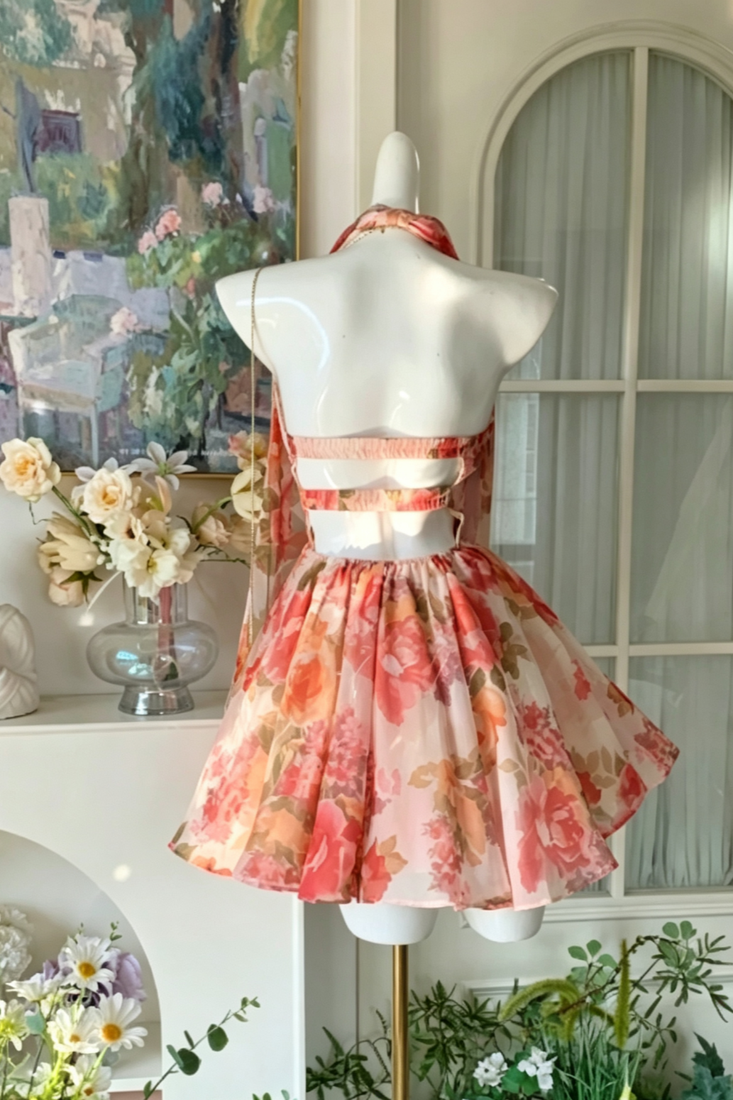 Floral Print Halter Short Dress Back Bow Cutout Homecoming Party Gown F0117