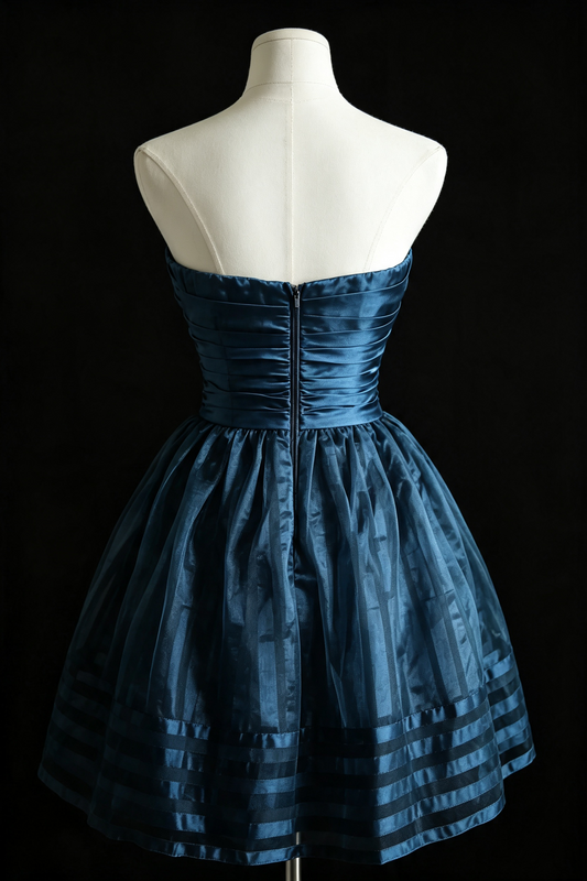 Marineblaues trägerloses Satinkleid für den Abschlussball, plissiertes kurzes Cocktailkleid F0017