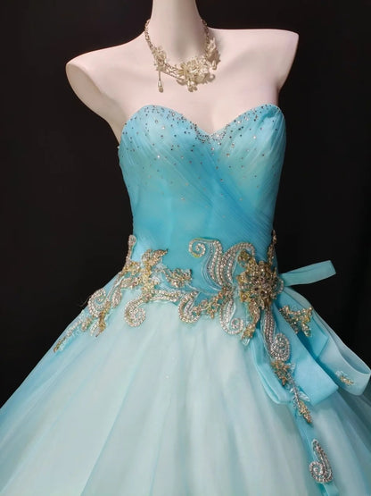 Blue Strapless Sweetheart Tulle Ball Gown Rhinestone Quinceanera Dress F0205