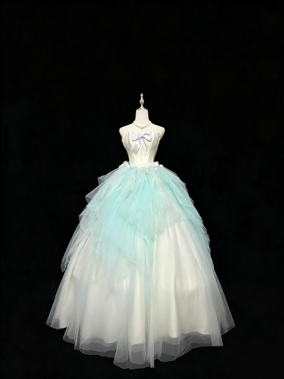 Blue White Ombre Strapless Tulle Ball Gown Satin Bow Prom Dress F0258