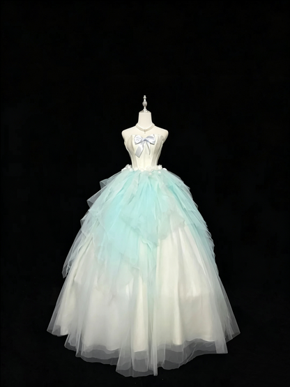 Blue White Ombre Strapless Tulle Ball Gown Satin Bow Prom Dress F0258